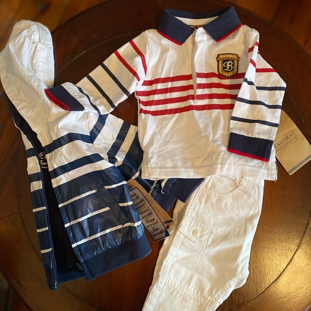 Mayoral Striped White and Red Jacket Shirt and Pants Matching Set 6 Months